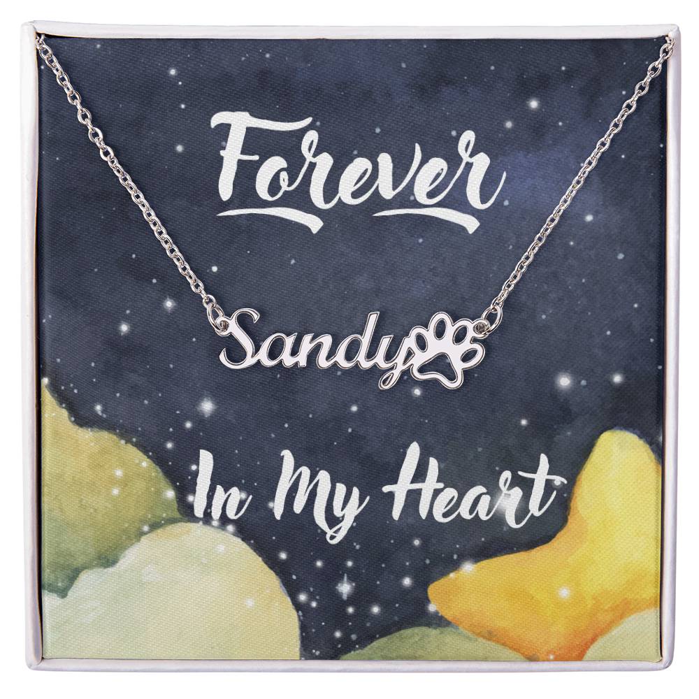 PPNMEM1-Forever In My Heart Name Necklace with Paw Print