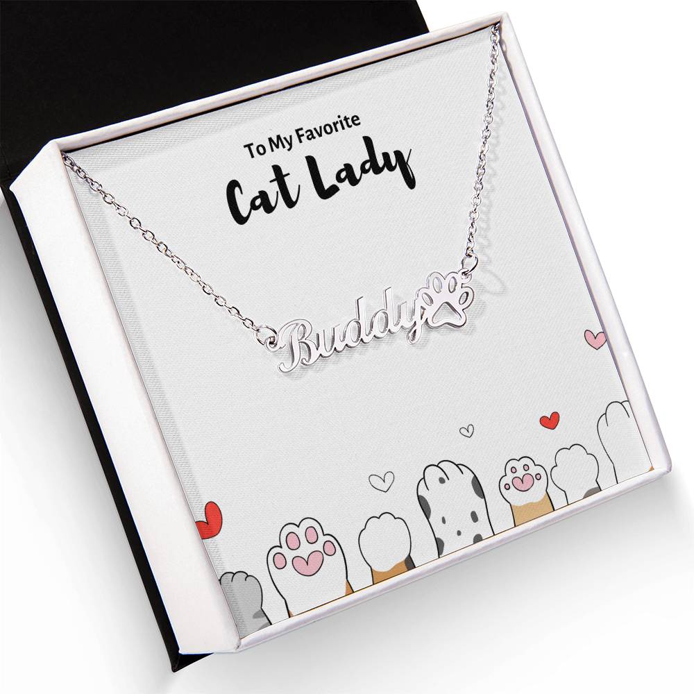 NNPCAT1- CAT LADY Name Necklace With Paw Print