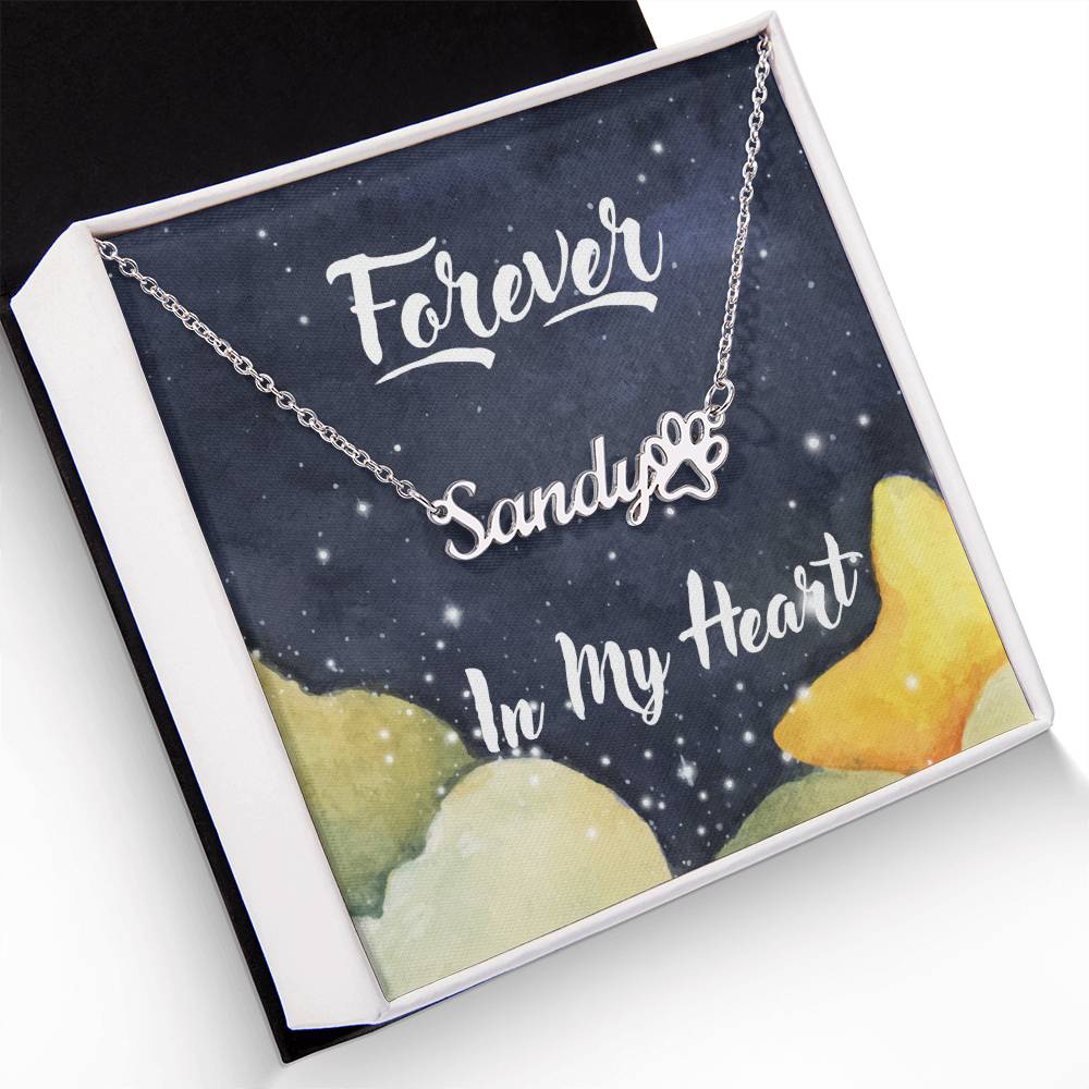 PPNMEM1-Forever In My Heart Name Necklace with Paw Print