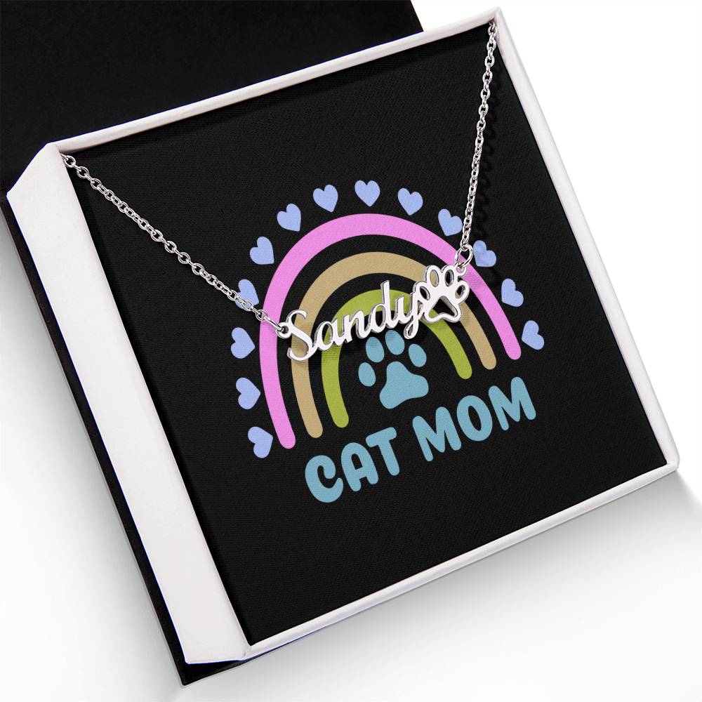 PNCAT3 - CAT MOM Stainless Steel Paw Print Necklace with Colorful Message Card