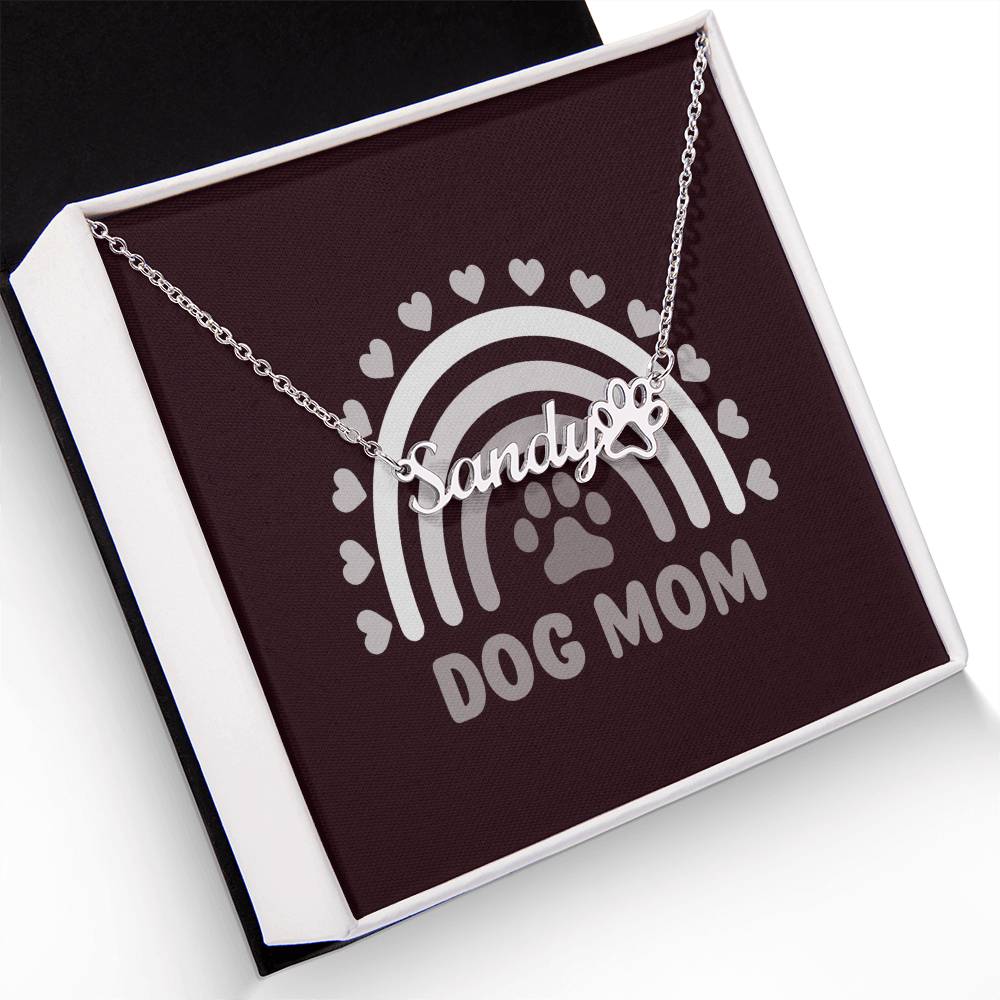 PPDMSLV - Pawfectly Yours Name Necklace with Paw Print and Dog Mom Silver Message Card