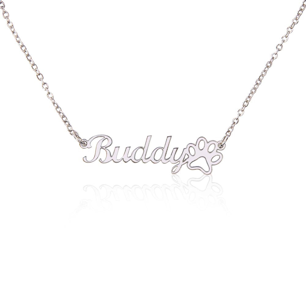 PPDMSLV - Pawfectly Yours Name Necklace with Paw Print and Dog Mom Silver Message Card