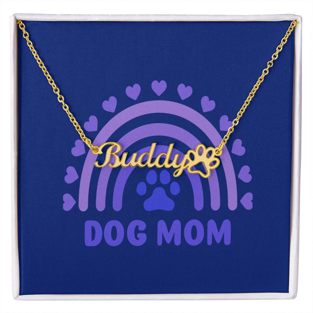 PNDOG3 - DOG MOM Personalized Name Necklace 18k gold finish Blue Message Card