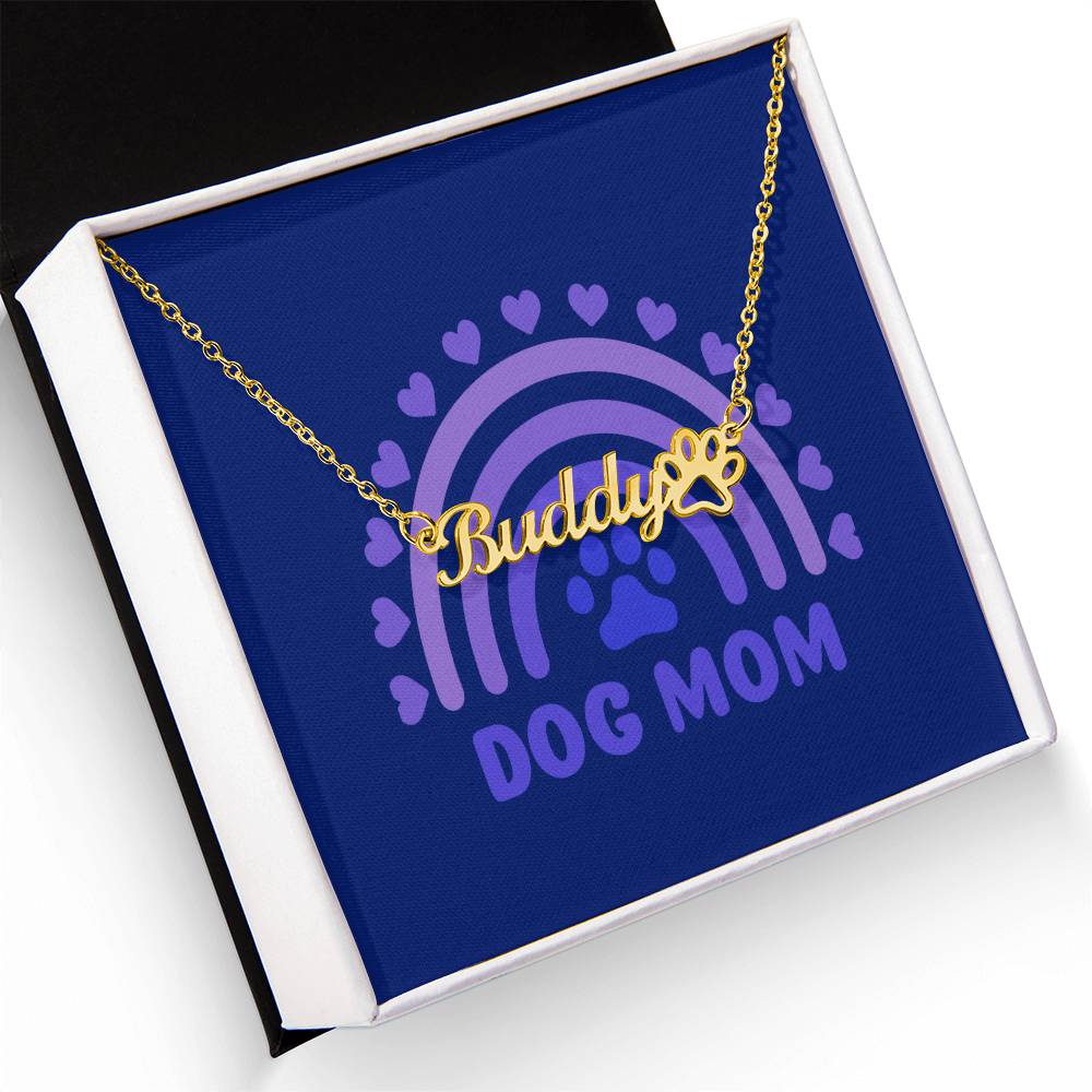 PNDOG3 - DOG MOM Personalized Name Necklace 18k gold finish Blue Message Card