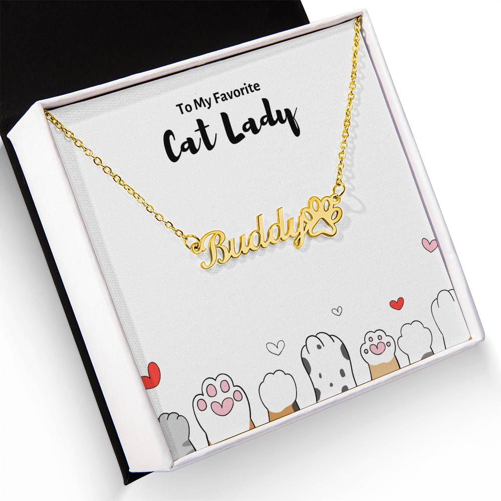 NNPCAT1- CAT LADY Name Necklace With Paw Print