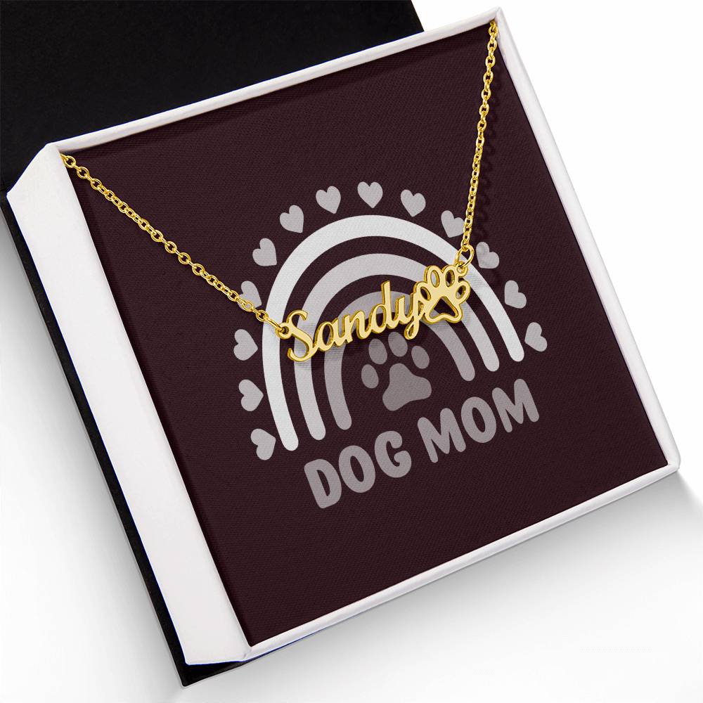 PPDMSLV - Pawfectly Yours Name Necklace with Paw Print and Dog Mom Silver Message Card