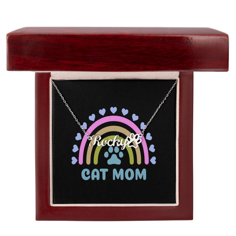 PNCAT3 - CAT MOM Stainless Steel Paw Print Necklace with Colorful Message Card