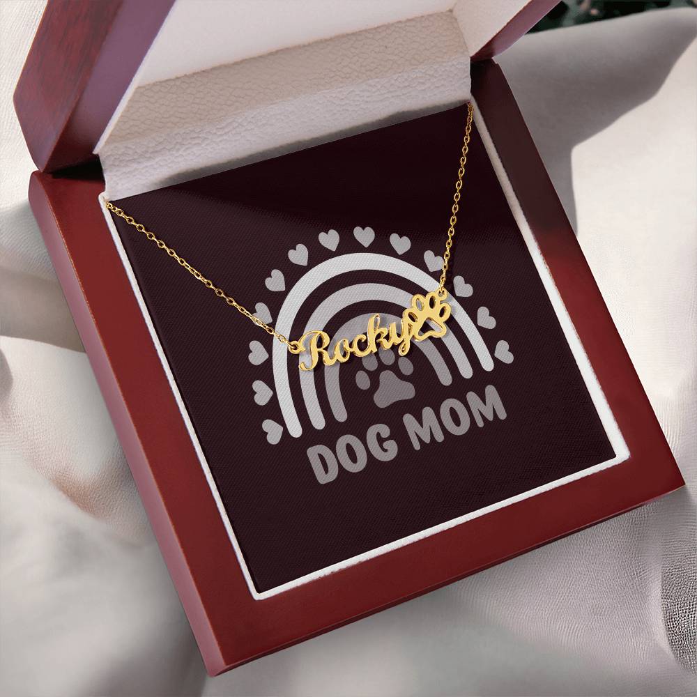 PPDMSLV - Pawfectly Yours Name Necklace with Paw Print and Dog Mom Silver Message Card