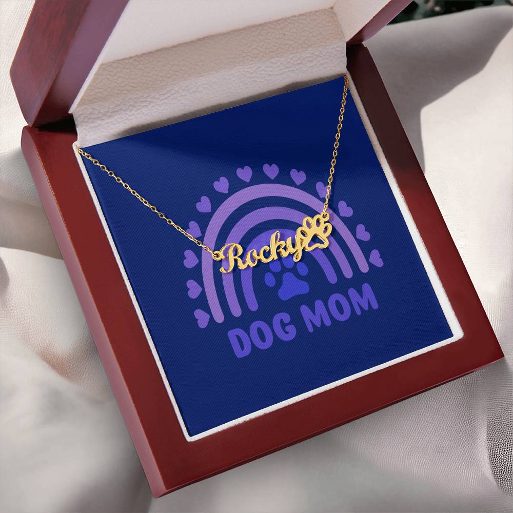 PNDOG3 - DOG MOM Personalized Name Necklace 18k gold finish Blue Message Card