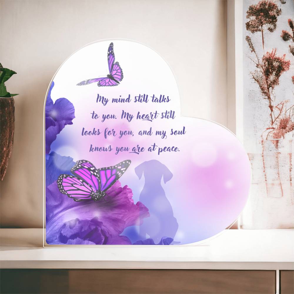 AHPED- Dog with Butterflies Memorial Heart Shape Acrylic Plaque