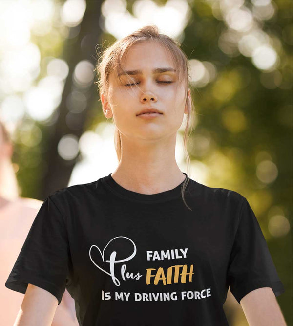 This t-shirt featuring our Family Plus Faith is My Driving Force design is printed in white and gold is everything you've dreamed of and more. It feels soft and lightweight, with the right amount of stretch. It's comfortable and flattering for both men and women.