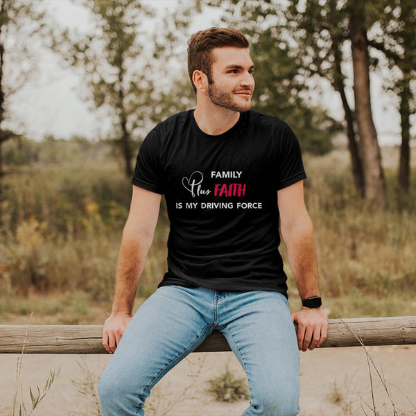 Featuring our signature design, Family Plus Faith is My Driving Force. This t-shirt is everything you've dreamed of and more. It feels soft and lightweight, with the right amount of stretch. It's comfortable and flattering for both men and women.