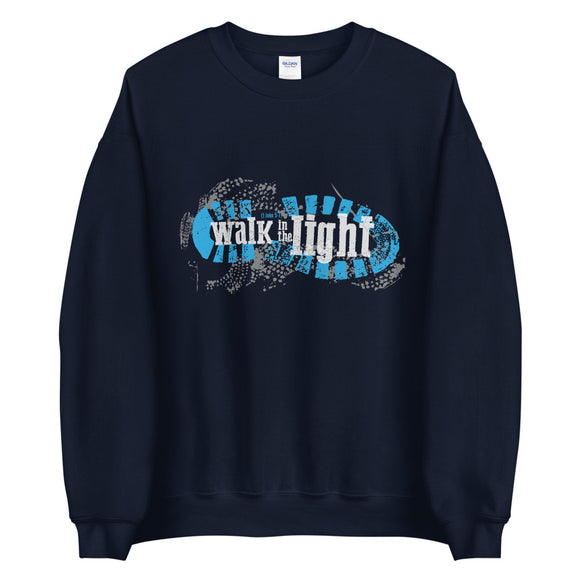 Featuring our exclusive design "Walk in the Light, printed in blue on a sturdy and warm sweatshirt bound to keep you warm in the colder months. A pre-shrunk, classic fit sweater that's made with air-jet spun yarn for a soft feel and reduced pilling.