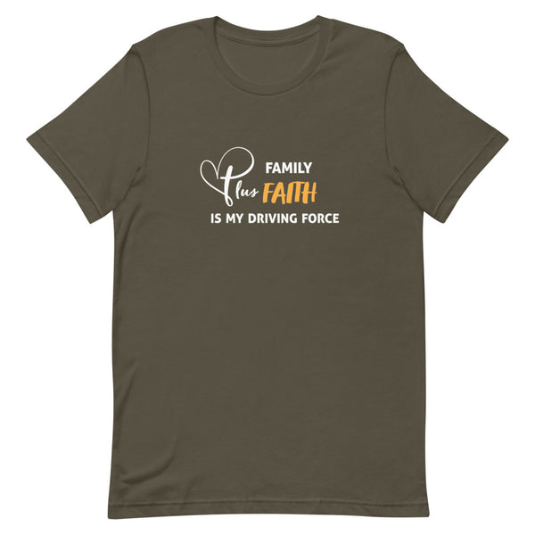 This t-shirt featuring our Family Plus Faith is My Driving Force design is printed in white and gold is everything you've dreamed of and more. It feels soft and lightweight, with the right amount of stretch. It's comfortable and flattering for both men and women.