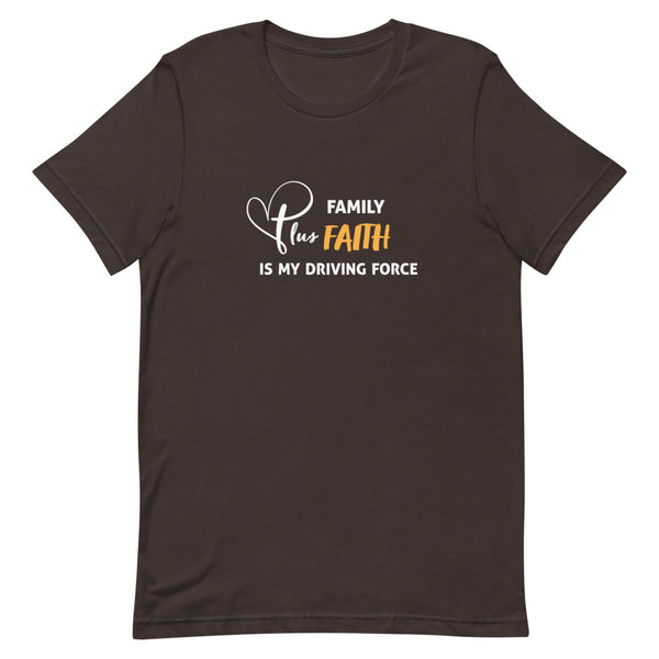 This t-shirt featuring our Family Plus Faith is My Driving Force design is printed in white and gold is everything you've dreamed of and more. It feels soft and lightweight, with the right amount of stretch. It's comfortable and flattering for both men and women.