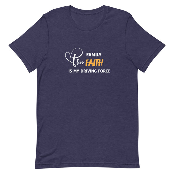 This t-shirt featuring our Family Plus Faith is My Driving Force design is printed in white and gold is everything you've dreamed of and more. It feels soft and lightweight, with the right amount of stretch. It's comfortable and flattering for both men and women.