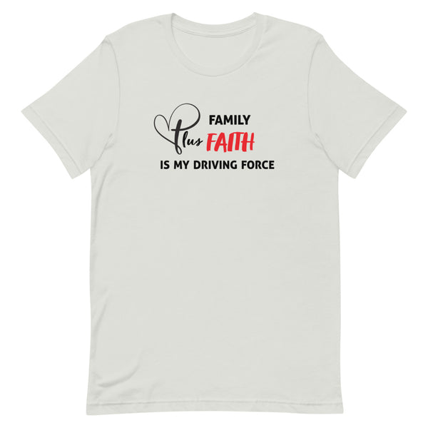 Family Plus Faith Is My Driving Force printed on the front of our premium T-Shirt in black and red. This t-shirt is everything you've dreamed of and more. It feels soft and lightweight, with the right amount of stretch. It's comfortable and flattering for both men and women.