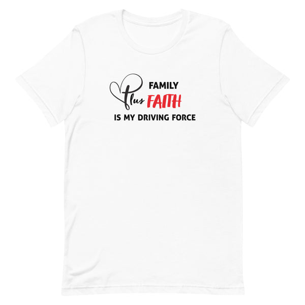 Family Plus Faith Is My Driving Force printed on the front of our premium T-Shirt in black and red. This t-shirt is everything you've dreamed of and more. It feels soft and lightweight, with the right amount of stretch. It's comfortable and flattering for both men and women.